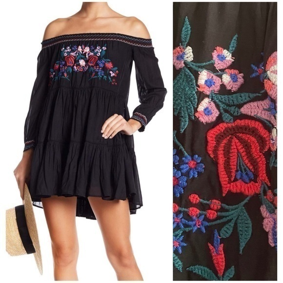 Free People Dresses & Skirts - Free People Black Floral Embroidered Off The Shoulder Sunbeams Mini Dress XS
